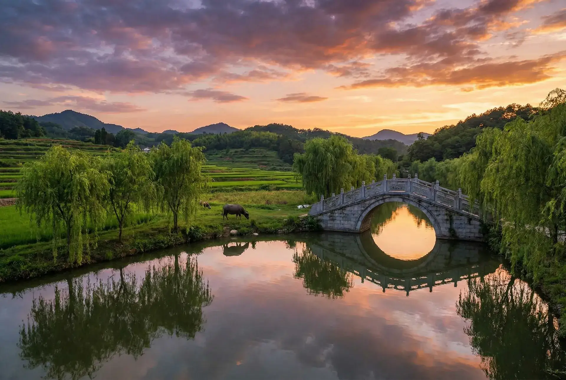 夕阳下的石拱桥与垂柳，水牛在河边吃草 - 爱内希 乡村美景